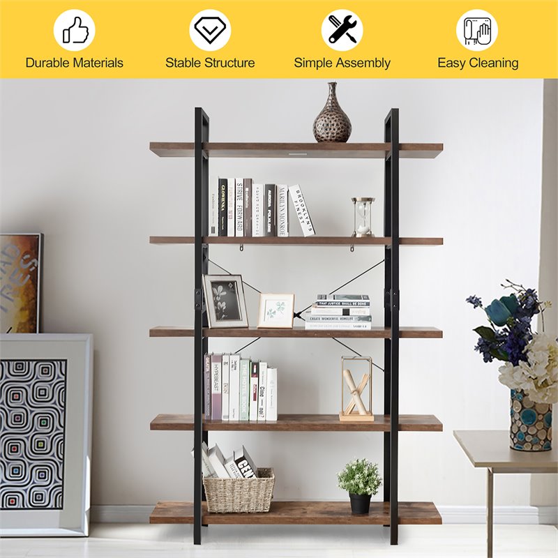 Costway 5-tier Contemporary Cellular Board and Iron Bookshelf in Brown