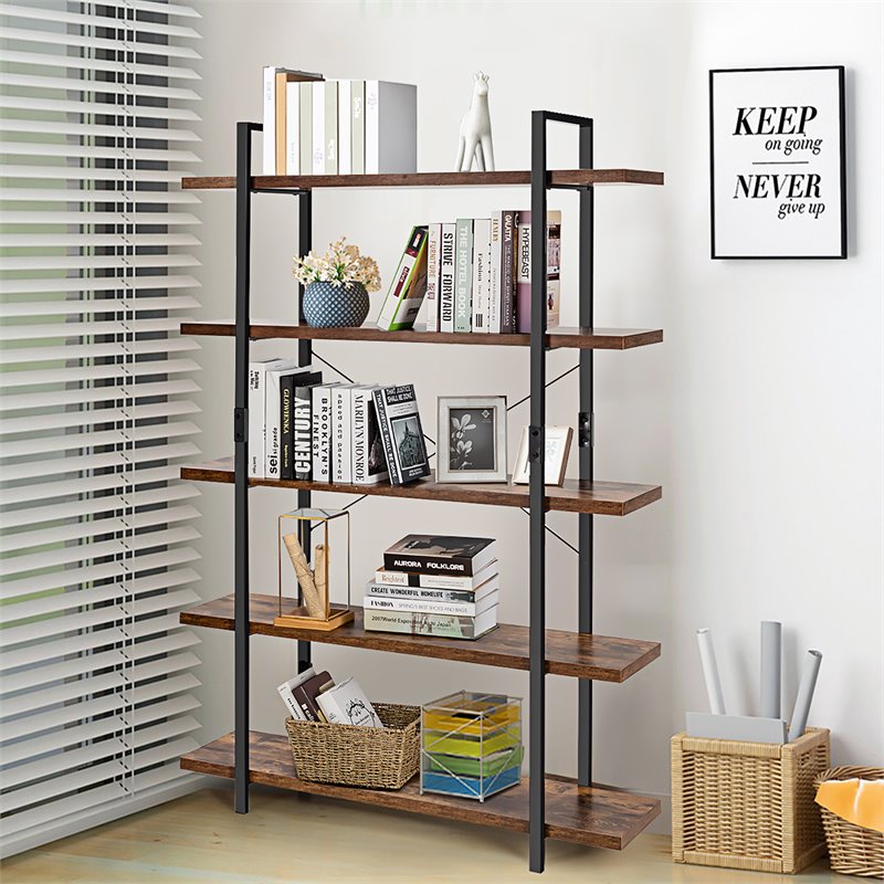 Costway 5-tier Contemporary Cellular Board and Iron Bookshelf in Brown