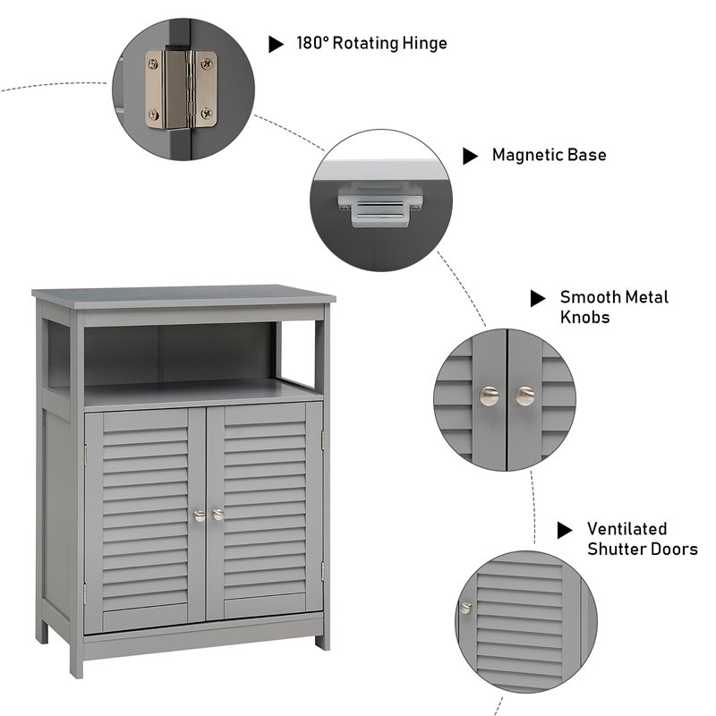 Costway Wood Bathroom Storage Floor Cabinet with Double Shutter Door in Gray