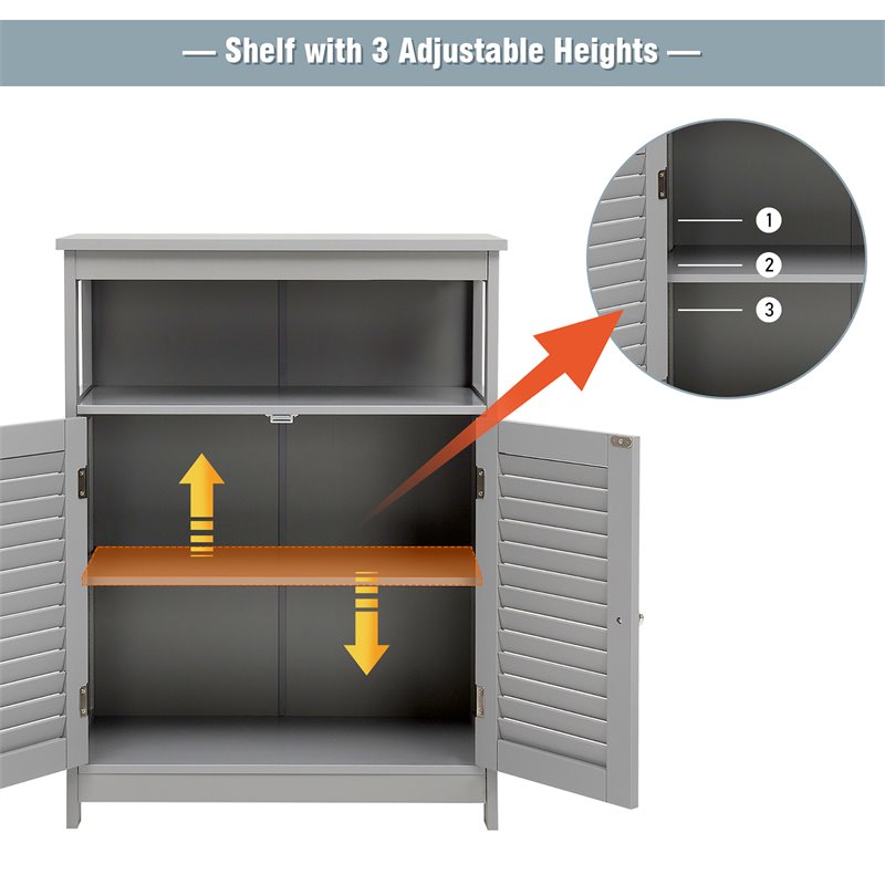 Costway Wood Bathroom Storage Floor Cabinet with Double Shutter Door in Gray
