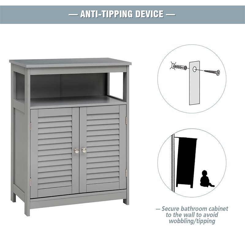 Costway Wood Bathroom Storage Floor Cabinet with Double Shutter Door in Gray