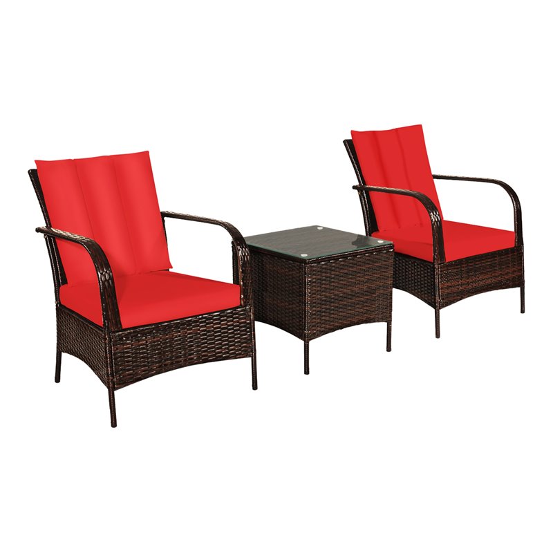Costway 3-piece Wicker Rattan Patio Furniture Set with Cushions in Red