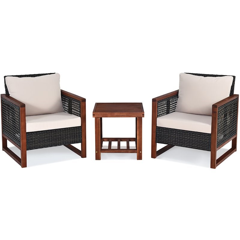 Costway 3-piece Rattan Patio Wicker Furniture Set with Square Table in Brown