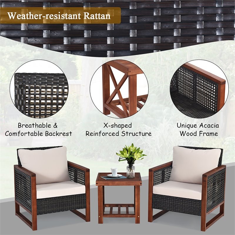 Costway 3-piece Rattan Patio Wicker Furniture Set with Square Table in Brown