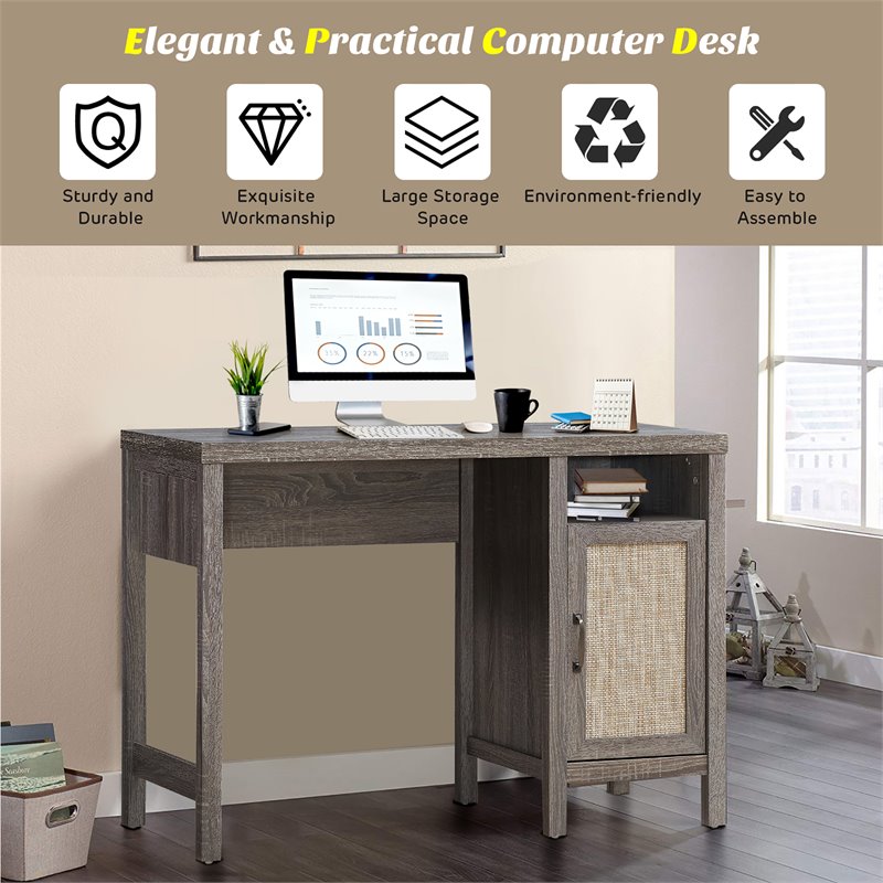 Costway Contemporary Wood Computer Desk with Storage Cabinet in Oak