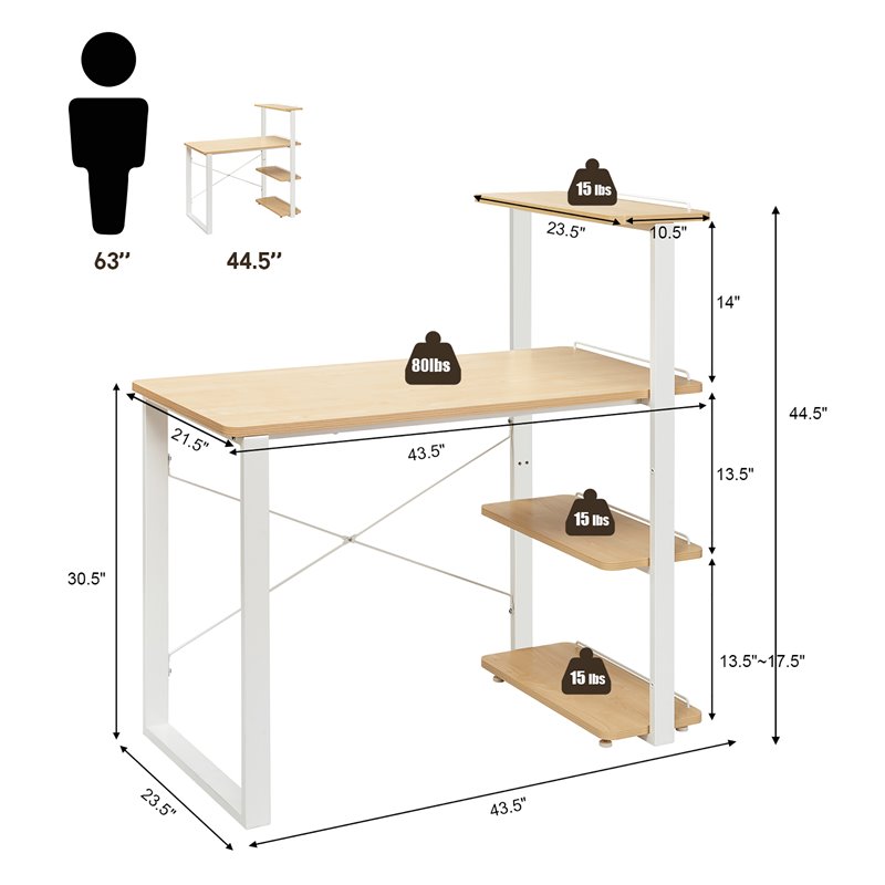 Costway Engineered Wood Computer Desk with Adjustable Bookshelf in Natural