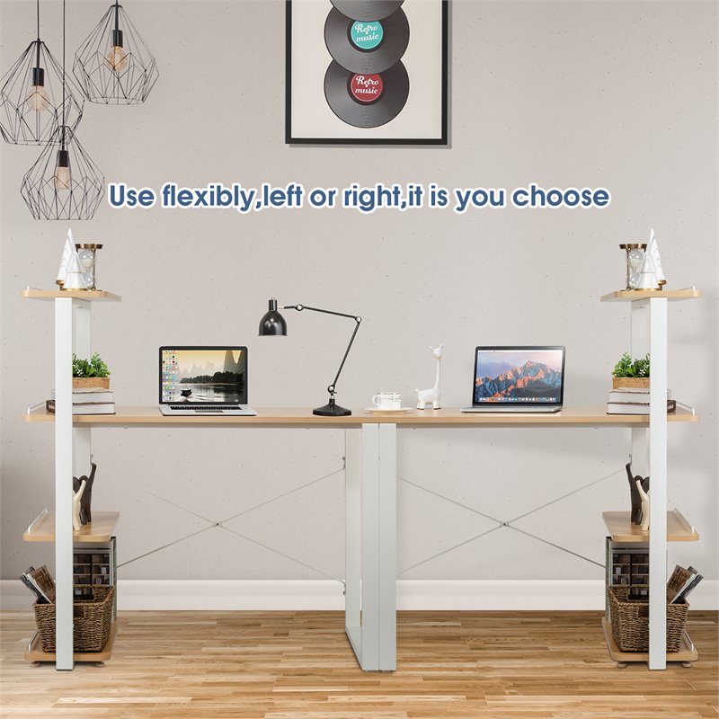 Costway Engineered Wood Computer Desk with Adjustable Bookshelf in Natural
