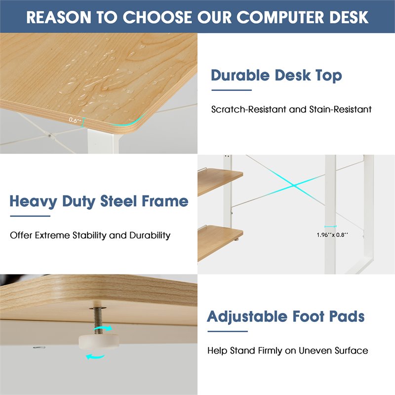 Costway Engineered Wood Computer Desk with Adjustable Bookshelf in Natural
