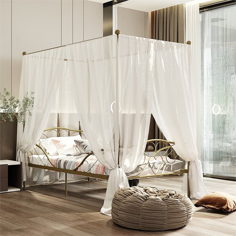 Costway Metal Twin Size Canopy Bed Frame with 4 Poster Steel Slats in Gold