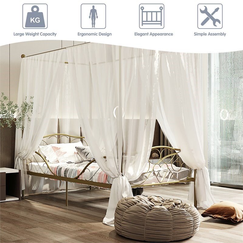 Costway Metal Twin Size Canopy Bed Frame with 4 Poster Steel Slats in Gold