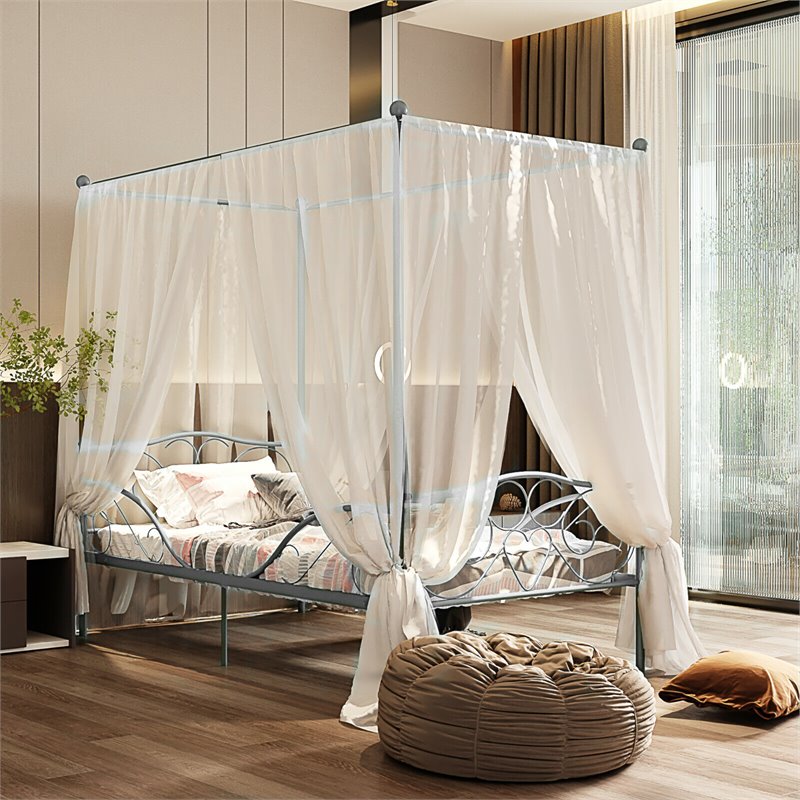 Costway Metal Twin Size Canopy Bed Frame with 4 Poster Steel Slats in Pewter