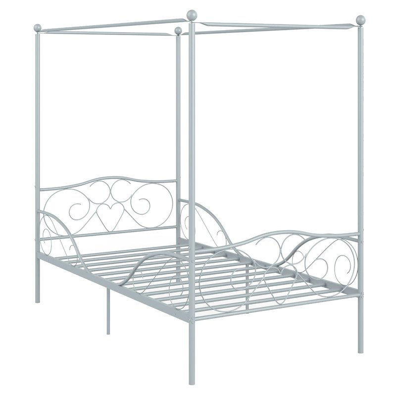 Costway Metal Twin Size Canopy Bed Frame with 4 Poster Steel Slats in Pewter