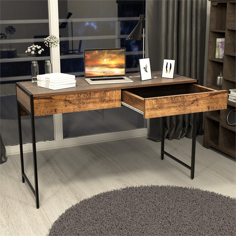 Costway 2-drawer Contemporary Engineered Wood Computer Desk in Antique Brown