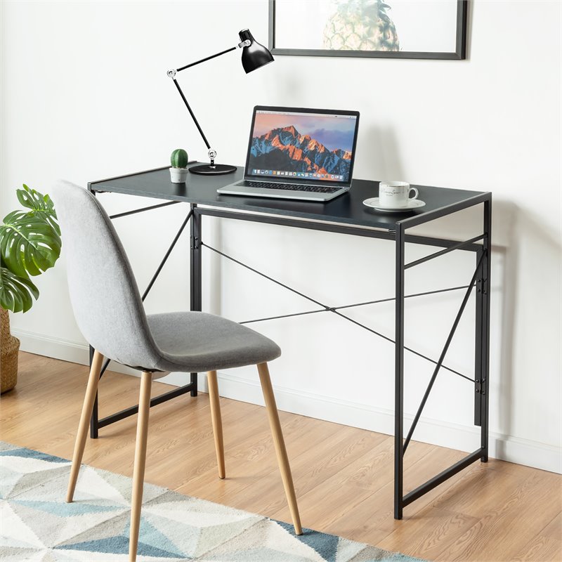 Costway Engineered Wood Folding Computer Desk with 6 Hooks in Black