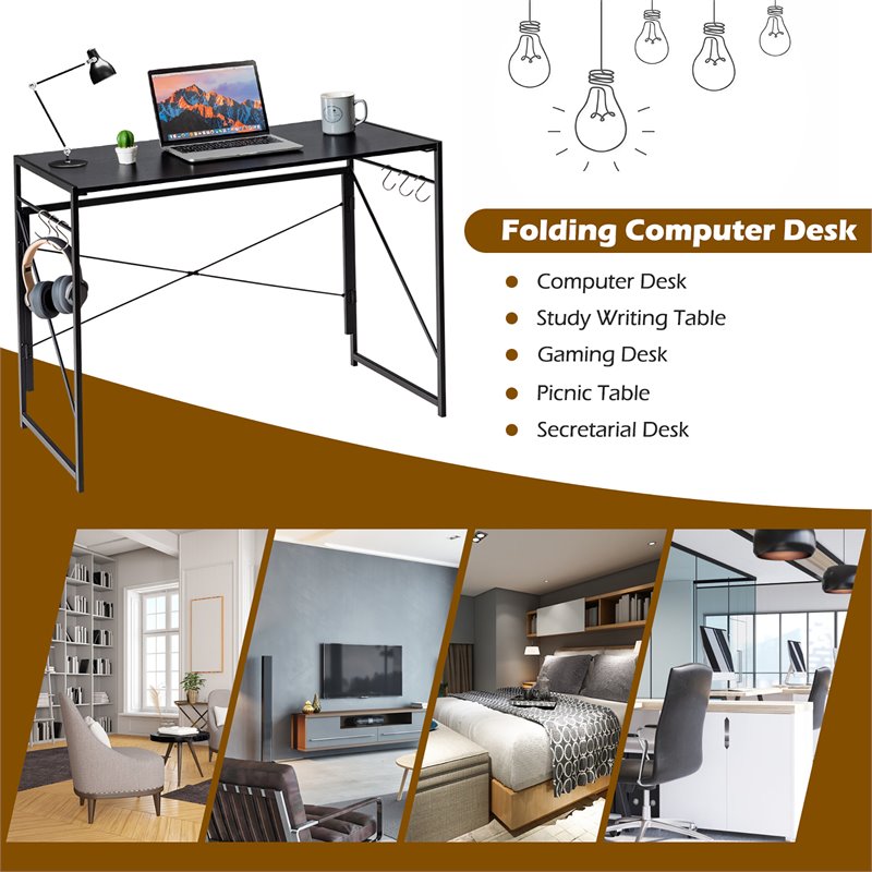 Costway Engineered Wood Folding Computer Desk with 6 Hooks in Black