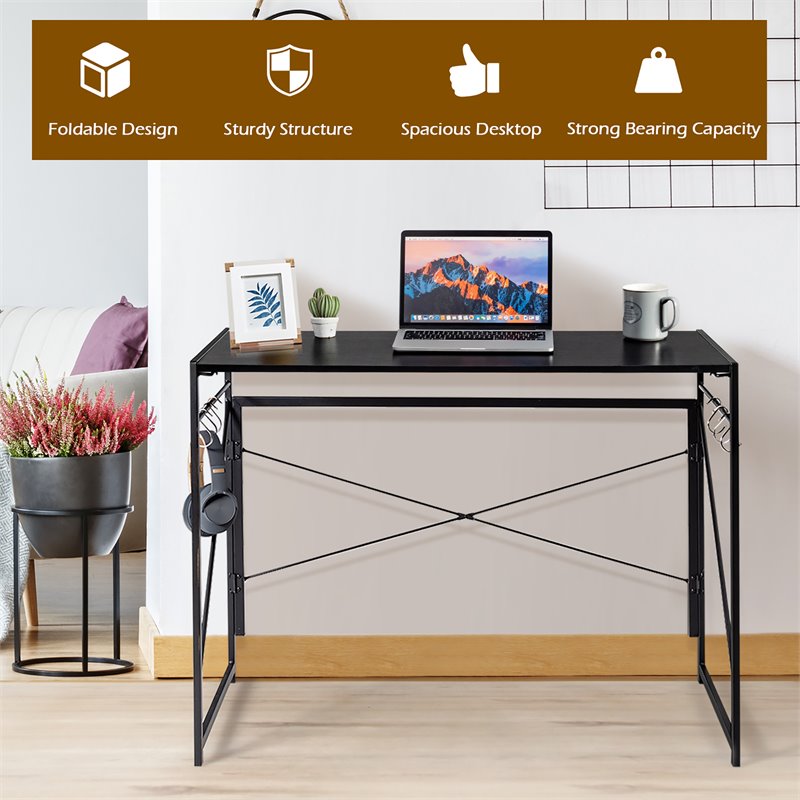 Costway Engineered Wood Folding Computer Desk with 6 Hooks in Black