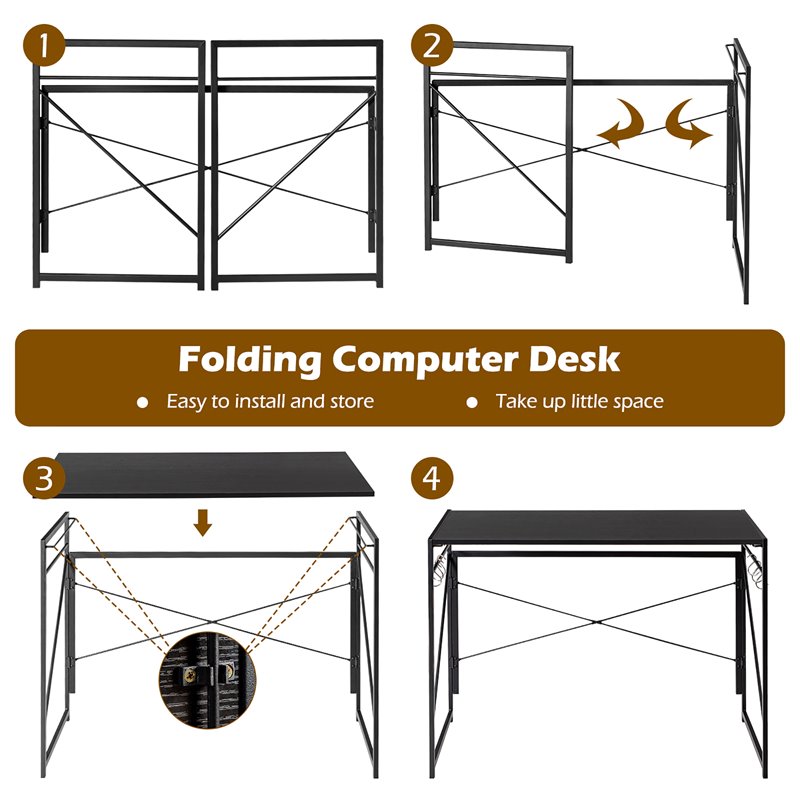 Costway Engineered Wood Folding Computer Desk with 6 Hooks in Black