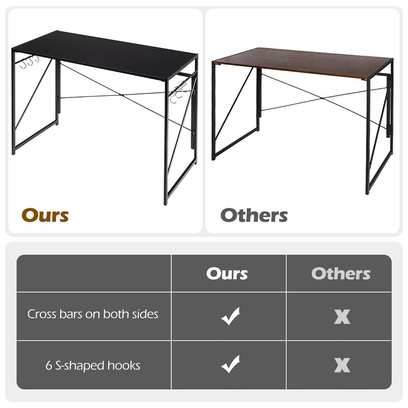 Costway Engineered Wood Folding Computer Desk with 6 Hooks in Black