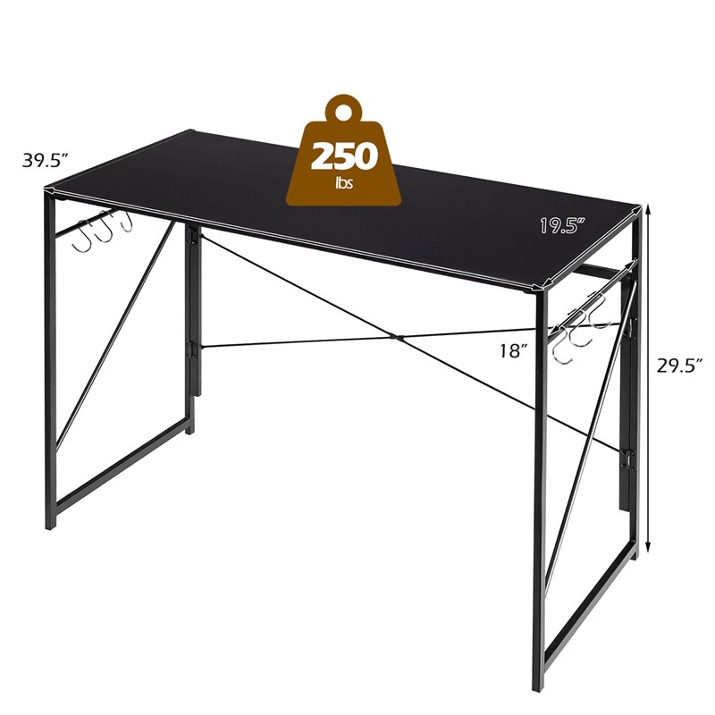 Costway Engineered Wood Folding Computer Desk with 6 Hooks in Black