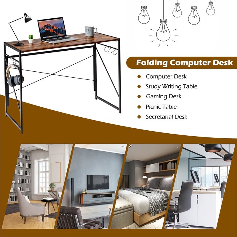 Costway Engineered Wood Folding Computer Desk with 6 Hooks in Rustic Brown