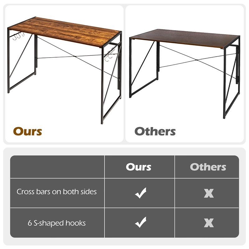 Costway Engineered Wood Folding Computer Desk with 6 Hooks in Rustic Brown