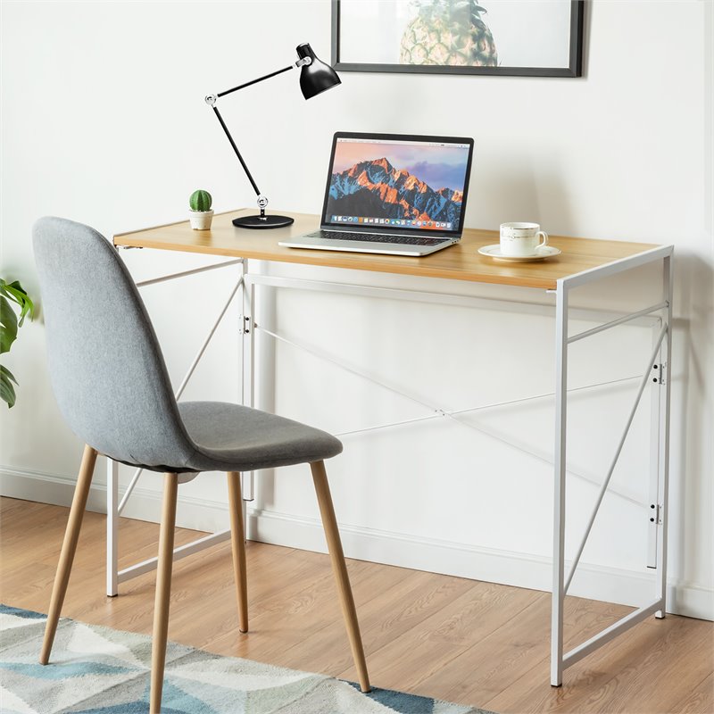 Costway Engineered Wood Folding Computer Desk with 6 Hooks in Natural