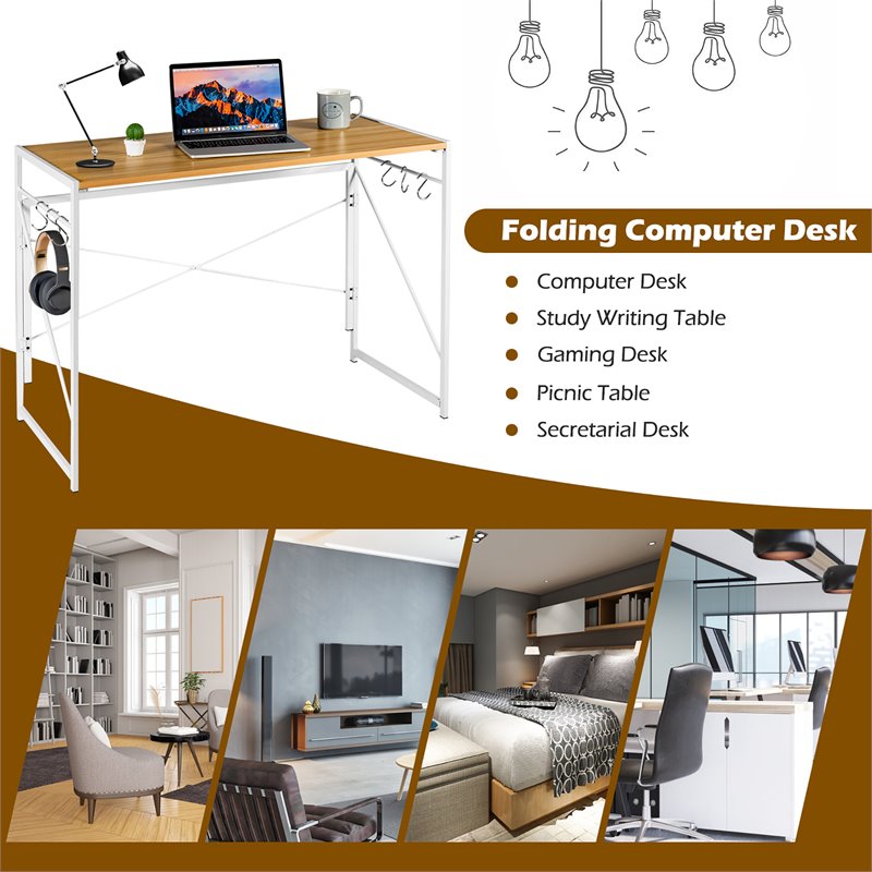 Costway Engineered Wood Folding Computer Desk with 6 Hooks in Natural