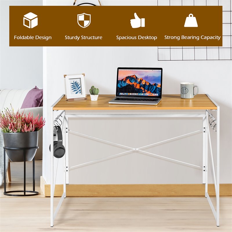 Costway Engineered Wood Folding Computer Desk with 6 Hooks in Natural