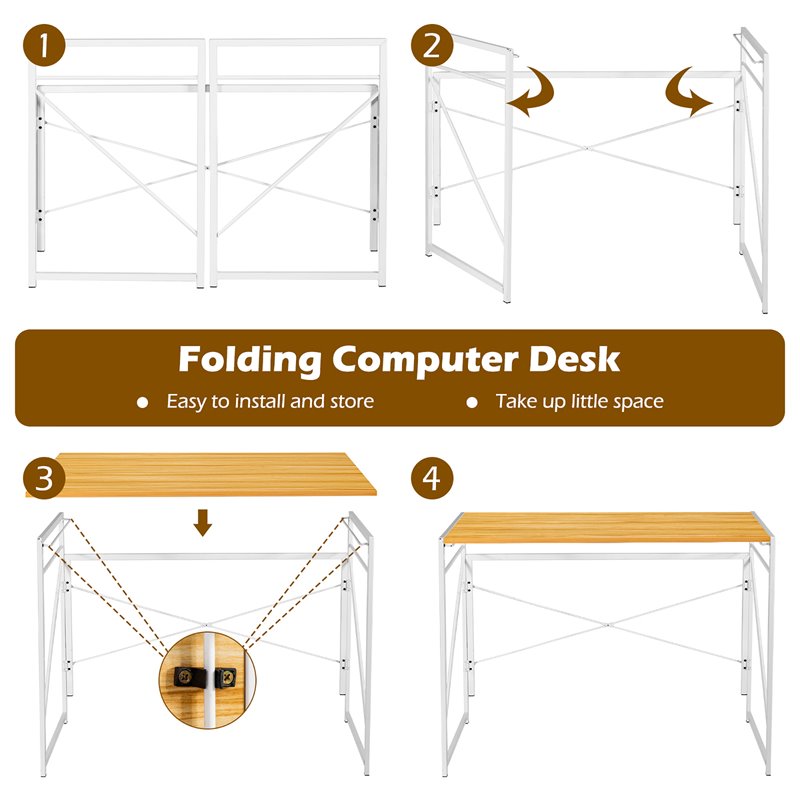Costway Engineered Wood Folding Computer Desk with 6 Hooks in Natural