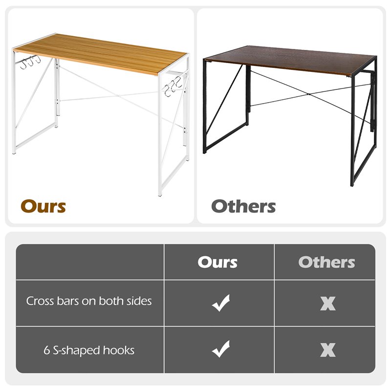 Costway Engineered Wood Folding Computer Desk with 6 Hooks in Natural