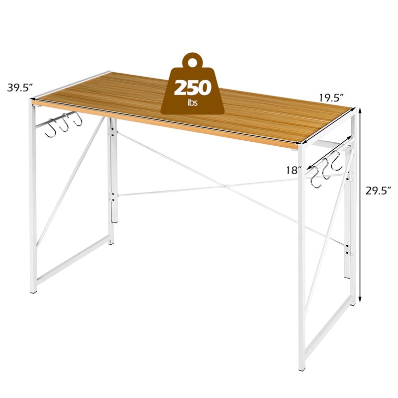 Costway Engineered Wood Folding Computer Desk with 6 Hooks in Natural