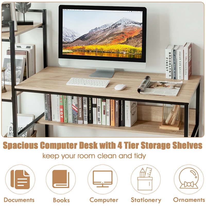 Costway Wood Multifunction Computer Desk with 4-tier Storage shelves in Natural