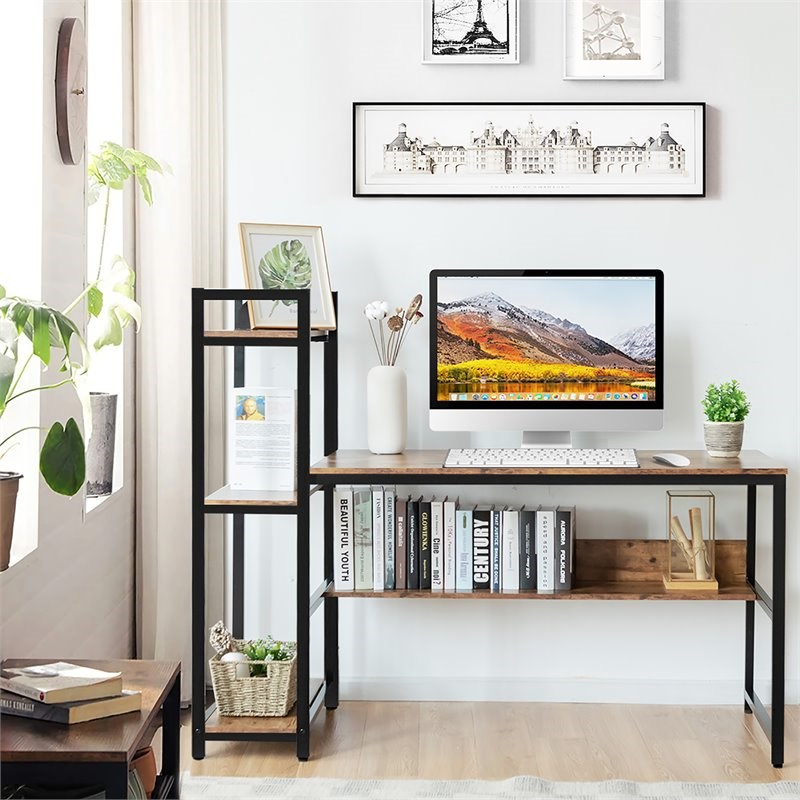Costway Wood Multifunctional Computer Desk with 4-tier Storage shelves in Brown