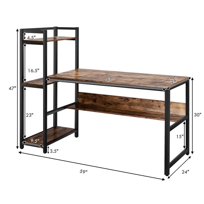 Costway Wood Multifunctional Computer Desk with 4-tier Storage shelves in Brown
