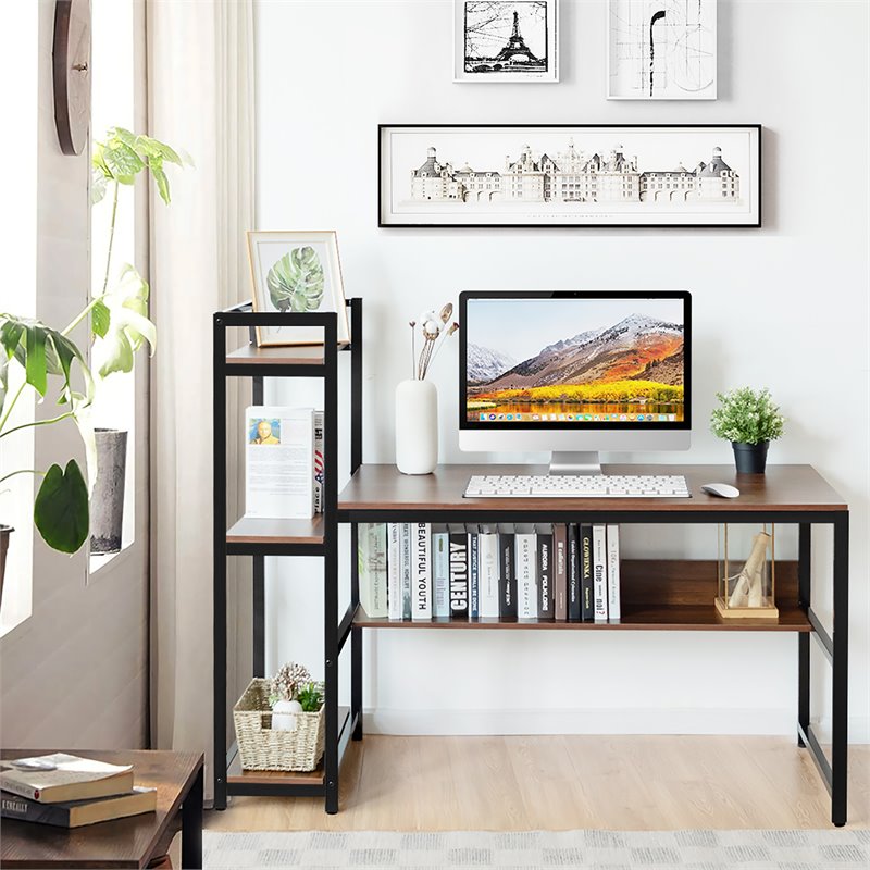 Costway Wood Multifunctional Computer Desk with 4-tier Storage shelves in Walnut