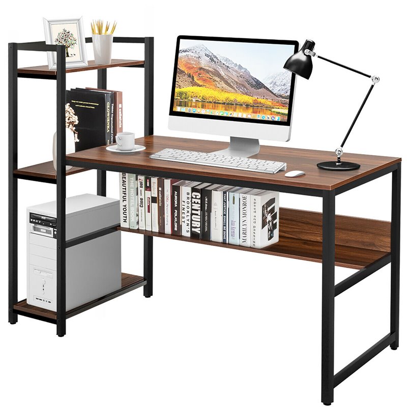 Costway Wood Multifunctional Computer Desk with 4-tier Storage shelves in Walnut