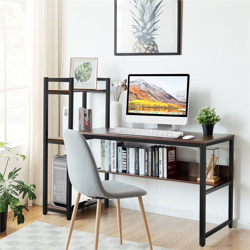 Costway Wood Multifunctional Computer Desk with 4-tier Storage shelves in Walnut