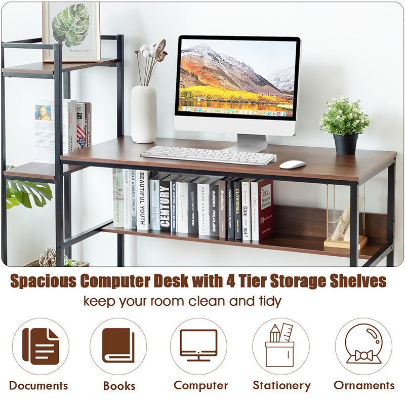 Costway Wood Multifunctional Computer Desk with 4-tier Storage shelves in Walnut