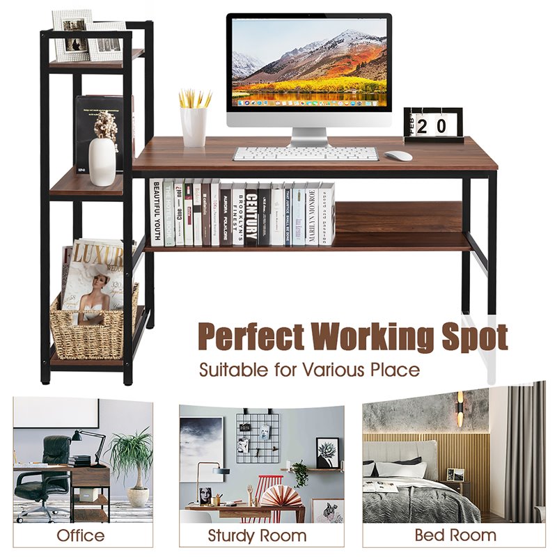 Costway Wood Multifunctional Computer Desk with 4-tier Storage shelves in Walnut