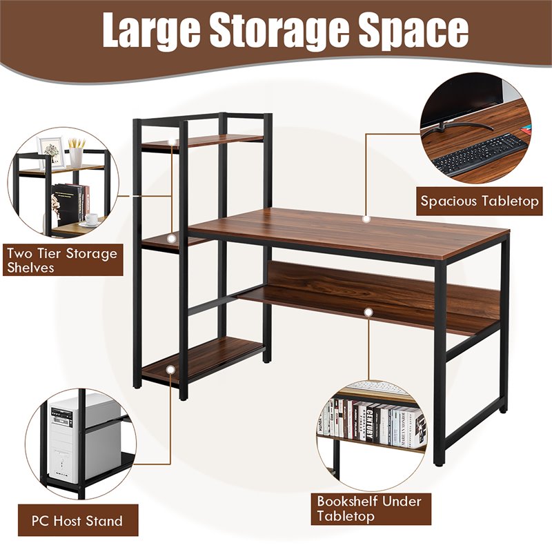 Costway Wood Multifunctional Computer Desk with 4-tier Storage shelves in Walnut