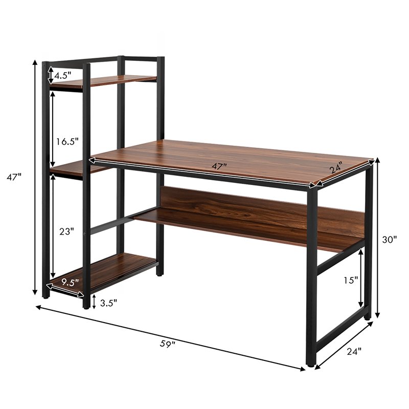Costway Wood Multifunctional Computer Desk with 4-tier Storage shelves in Walnut