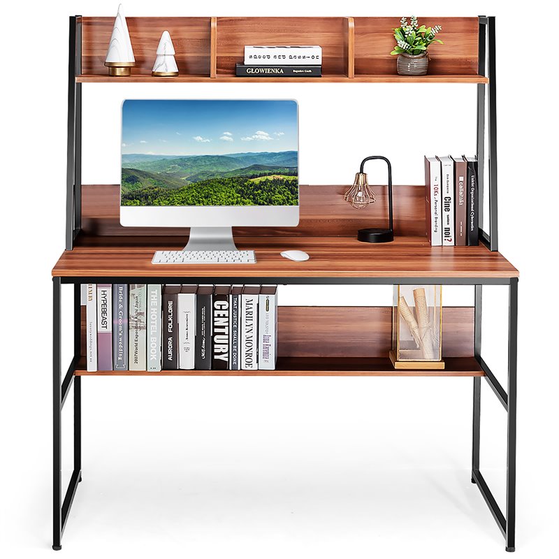 Costway 47'' Wood Computer Desk with 3 Storage Cubes & Open Bookcase in Coffee