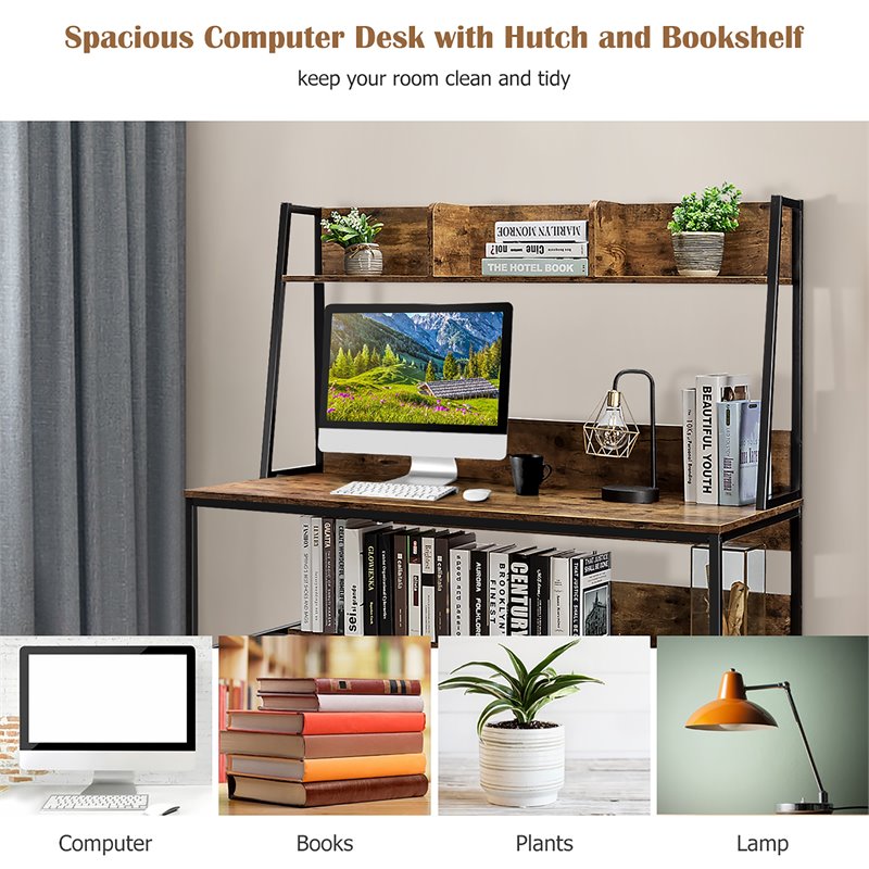 Costway 47'' Wood Computer Desk with 3 Storage Cubes & Open Bookcase in Brown