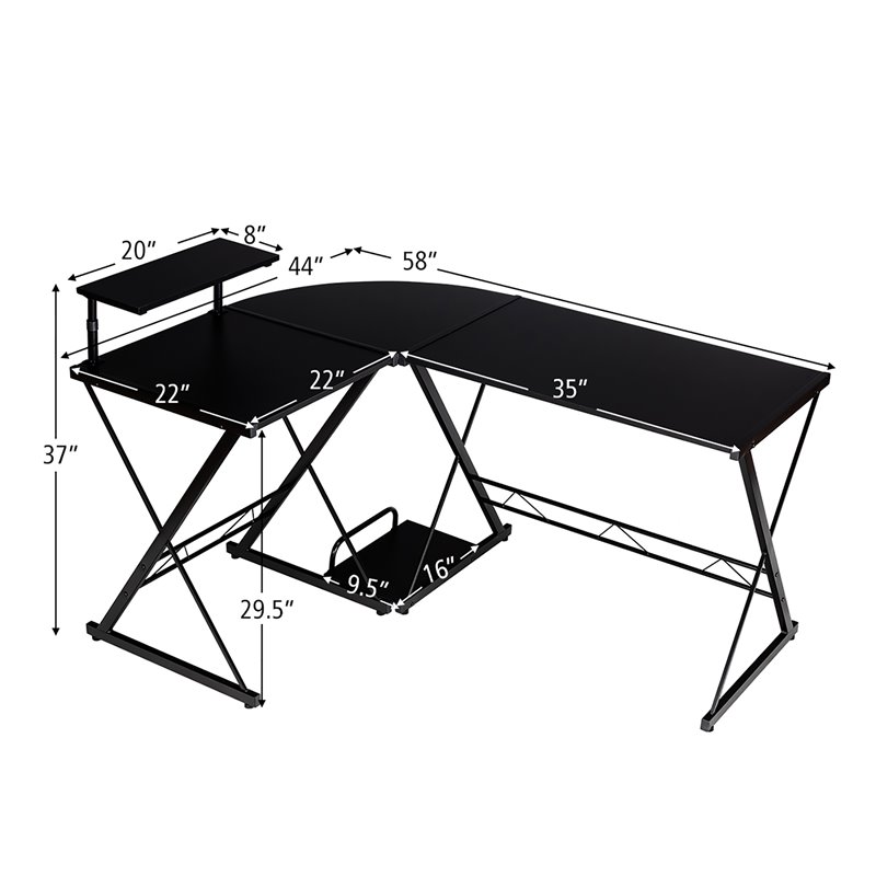 Costway 58''x44'' L-Shaped Computer Gaming Desk with Monitor Stand in Black