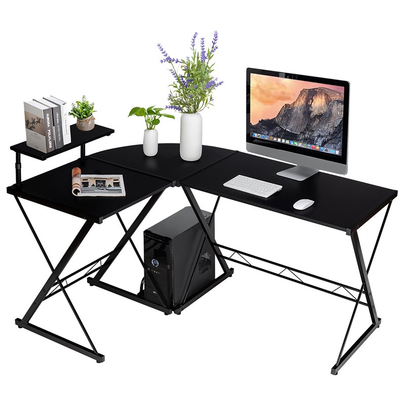 Costway 58''x44'' L-Shaped Computer Gaming Desk with Monitor Stand in Black