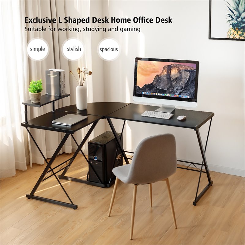 Costway 58''x44'' L-Shaped Computer Gaming Desk with Monitor Stand in Black