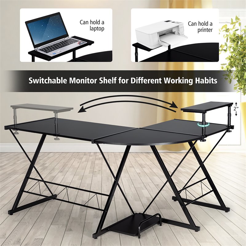 Costway 58''x44'' L-Shaped Computer Gaming Desk with Monitor Stand in Black
