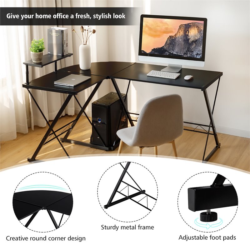 Costway 58''x44'' L-Shaped Computer Gaming Desk with Monitor Stand in Black
