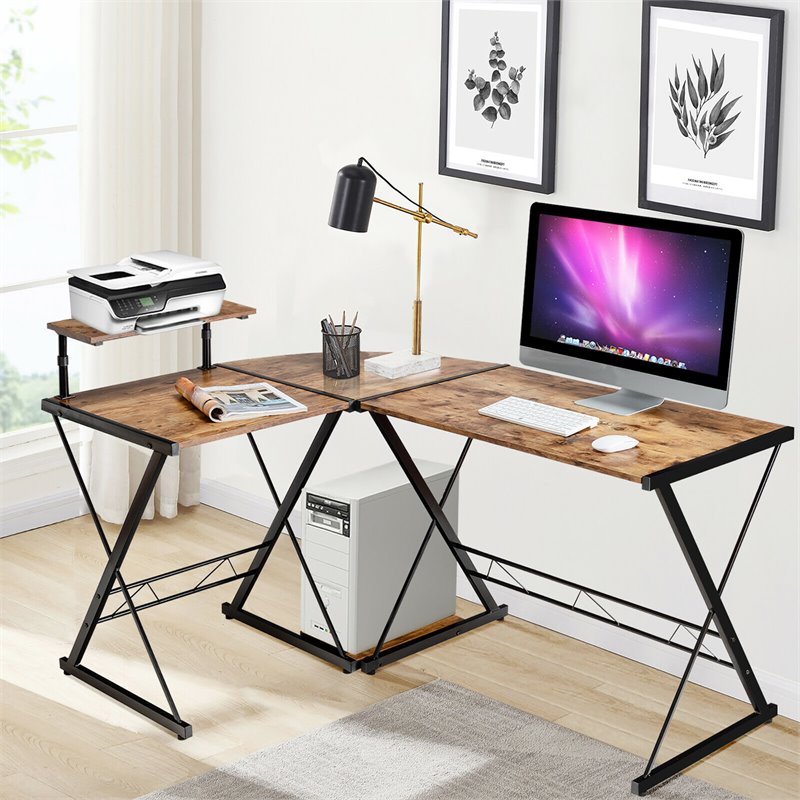 Costway 58''x44'' L-Shaped Computer Gaming Desk with Monitor Stand in Brown