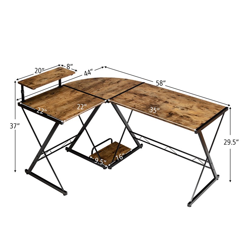 Costway 58''x44'' L-Shaped Computer Gaming Desk with Monitor Stand in Brown